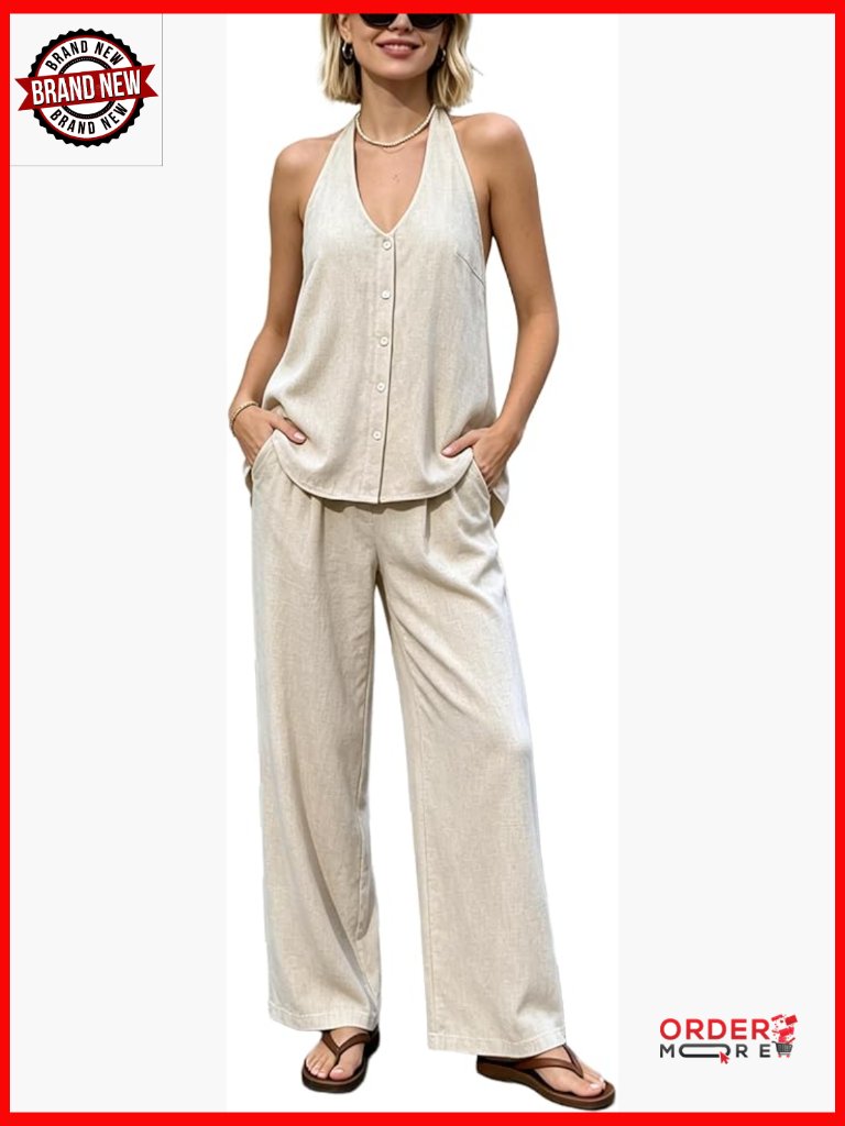 Two Piece Pant Set Sleeveless V Neck Wide Leg Beach Vacation Outfit